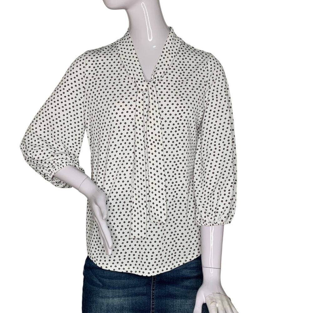 Adrianna Papell Top 3/4 Sleeve Bow Tie White Base Black Dipsy Floral Print Sz S